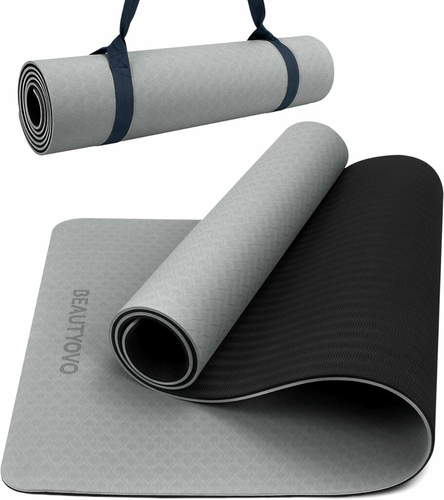 BEAUTYOVO TPE Yoga Mat with Strap (8MM, Black & Gray) - BEAUTYOVO
